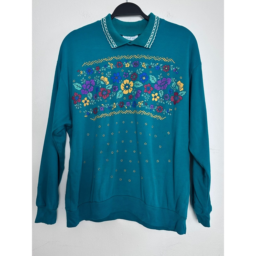 Village Fair VTG Floral Print Collared Sweatshirt WMS L 90s Grannycore Retro Art